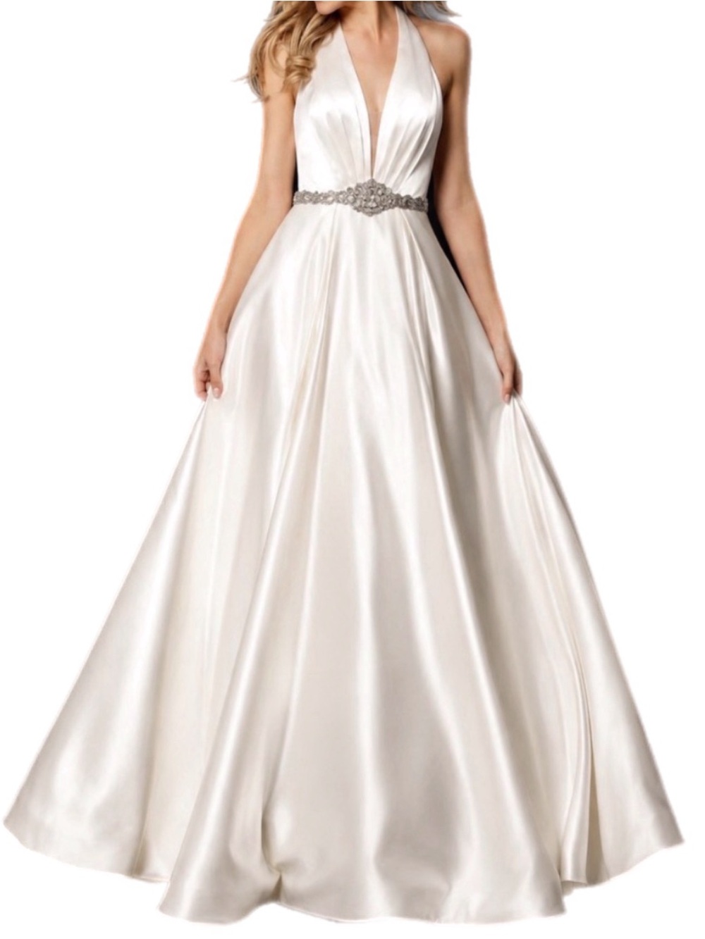 NWT Sherri Hill $598 MSRP Ivory Satin Jeweled Halter Bridal Prom Ballgown Size 4